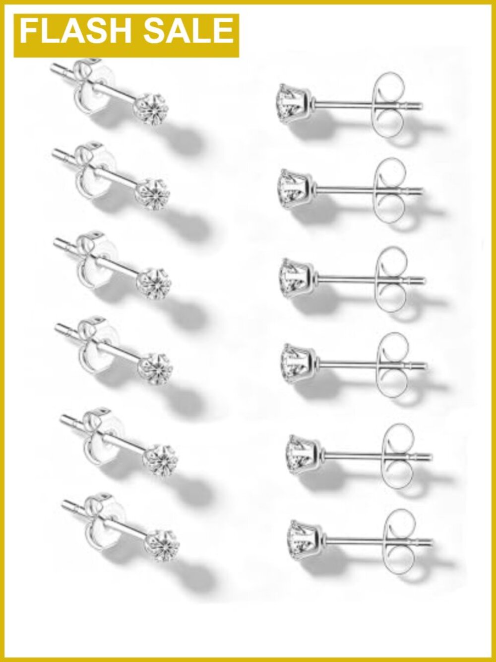 6 Pairs 3mm CZ Stud Earrings Set Silver Gold Plated Stainless Steel